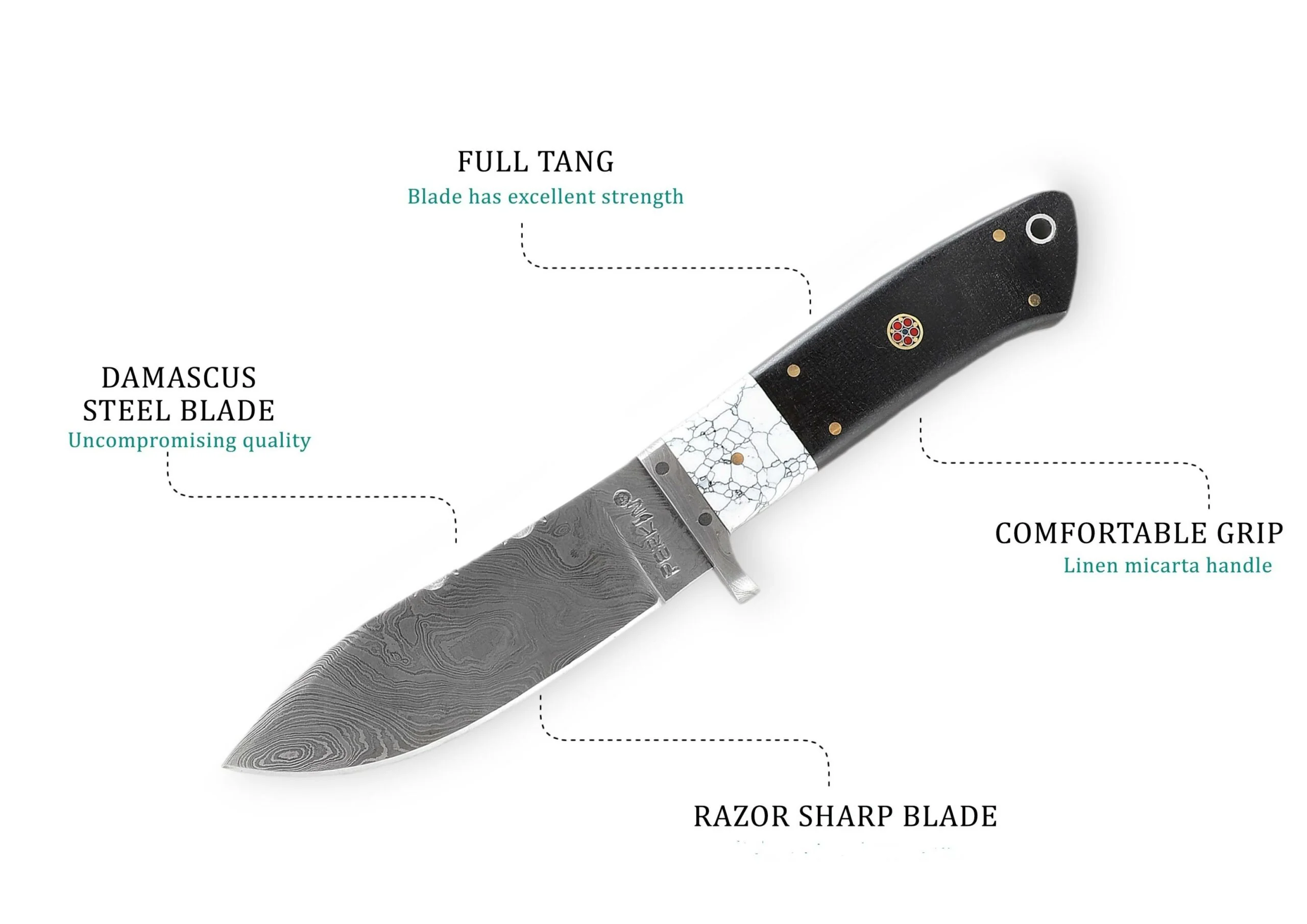 9 Inches Damascus Steel Hunting Knife With Leather Sheath