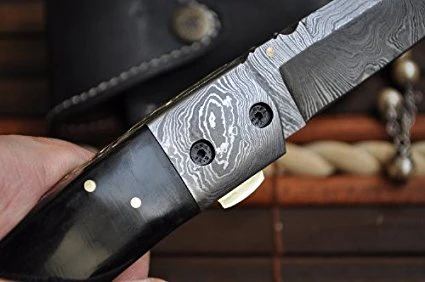 Custom Made Damascus Folding Knife with Tanto Blade & Buffalo Horn Handle