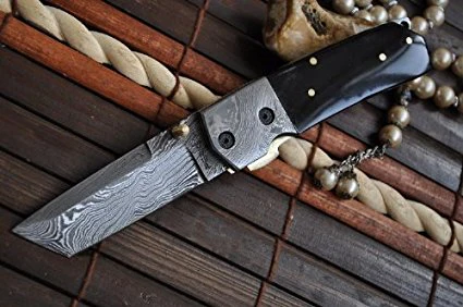 Custom Made Damascus Folding Knife with Tanto Blade & Buffalo Horn Handle