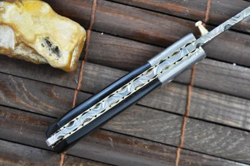 Custom Made Damascus Folding Knife with Tanto Blade & Buffalo Horn Handle