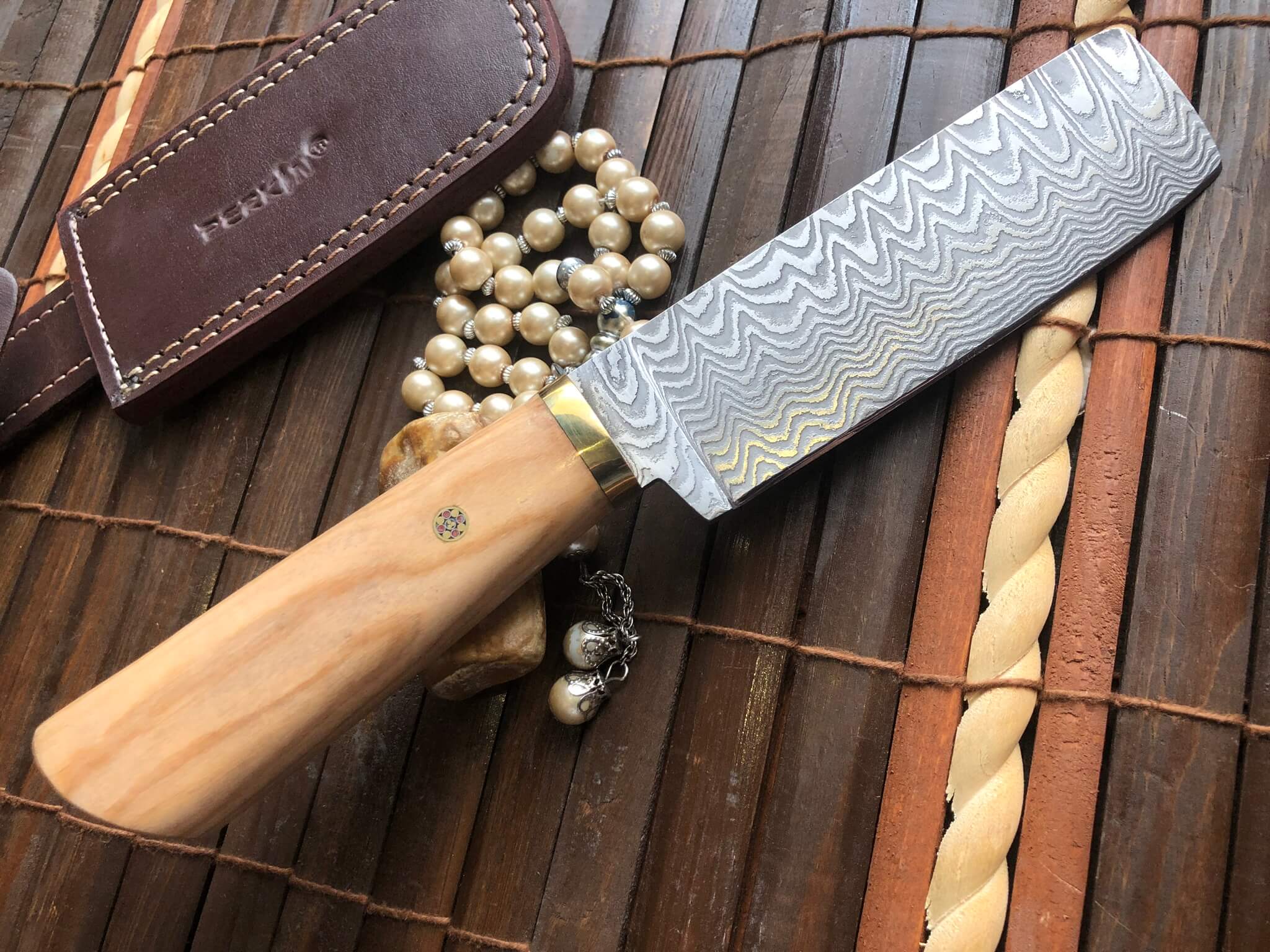 Damascus Chef Knife with Pear wood & Mosaic Pin Handle