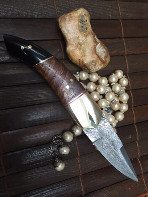 Folding hunting knife with sheath Damascus steel knife