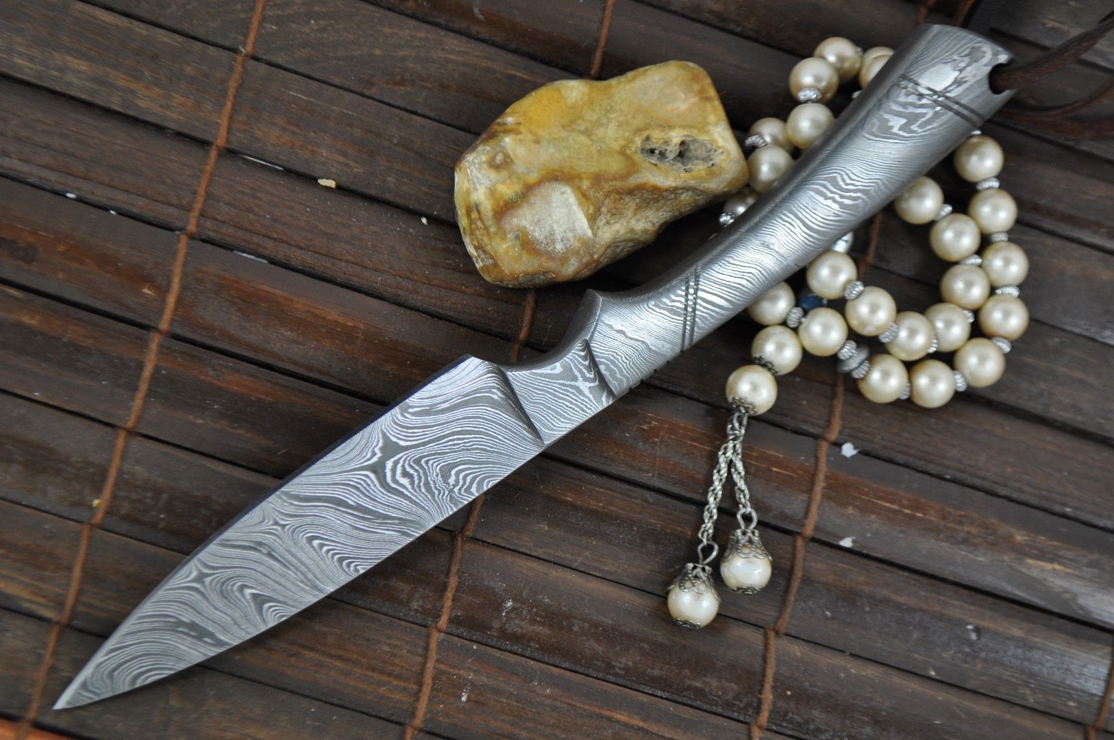 Beautiful Custom All Damascus Knife with Leather Sheath