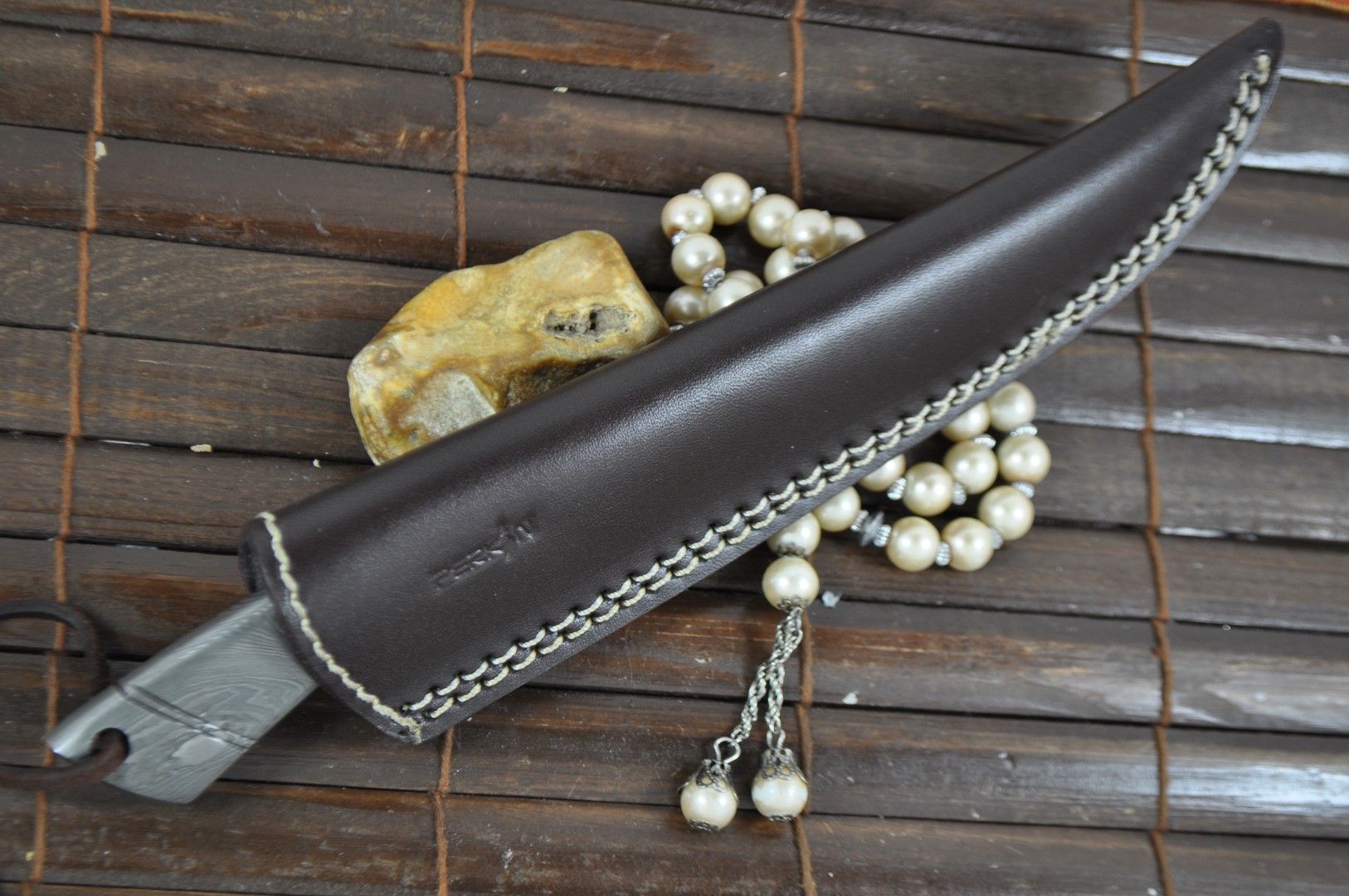 Beautiful Custom All Damascus Knife with Leather Sheath