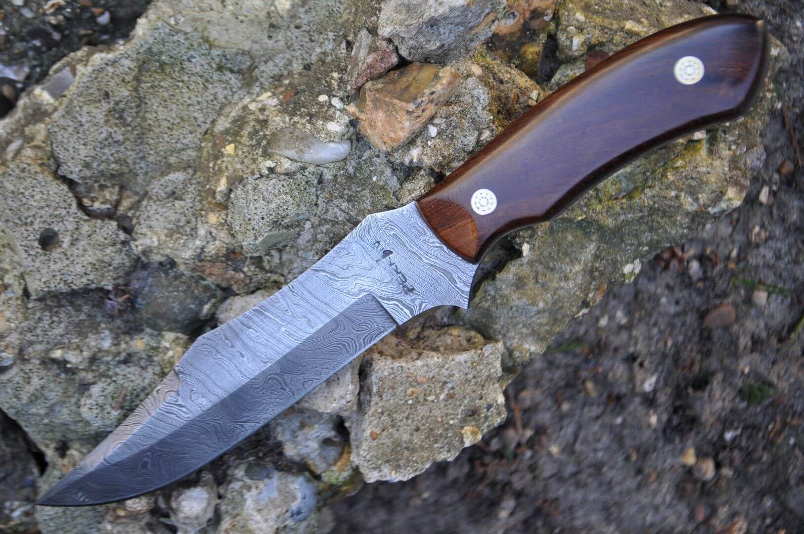 Damascus Steel Bushcraft Knife with Burl Wood - Work of Art by Chris
