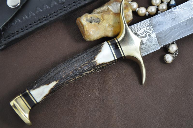 Beautiful Damascus Bowie Knife With Stag Handle
