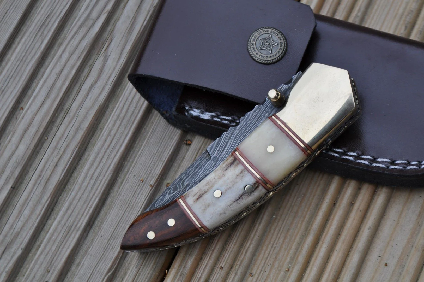 Custom Made Damascus Folding Knife With Bone, Stag & Wood In Handle