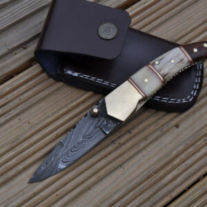 Custom Made Damascus Folding Knife With Bone, Stag & Wood In Handle