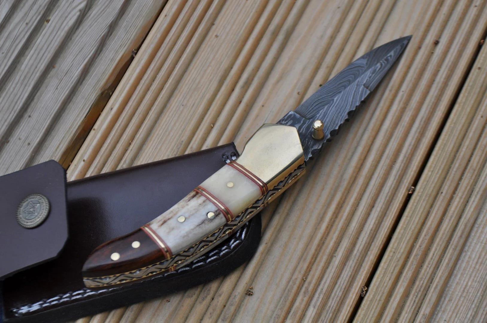 Custom Made Damascus Folding Knife With Bone, Stag & Wood In Handle
