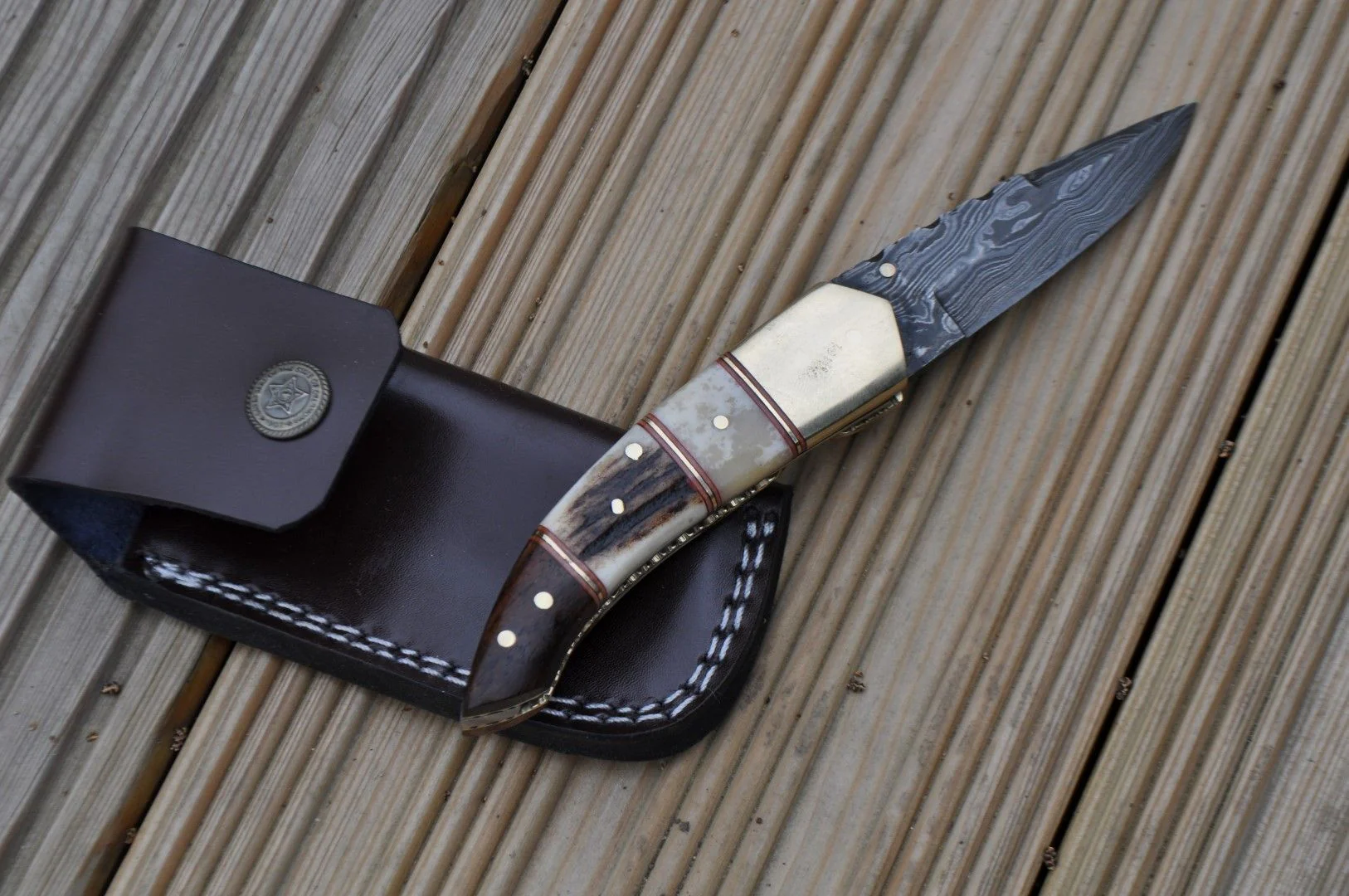 Custom Made Damascus Folding Knife With Bone, Stag & Wood In Handle