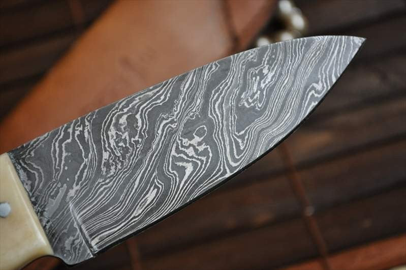 Damascus Hunting Knife with Burl Wood & Mammoth Handle - 4 Inches