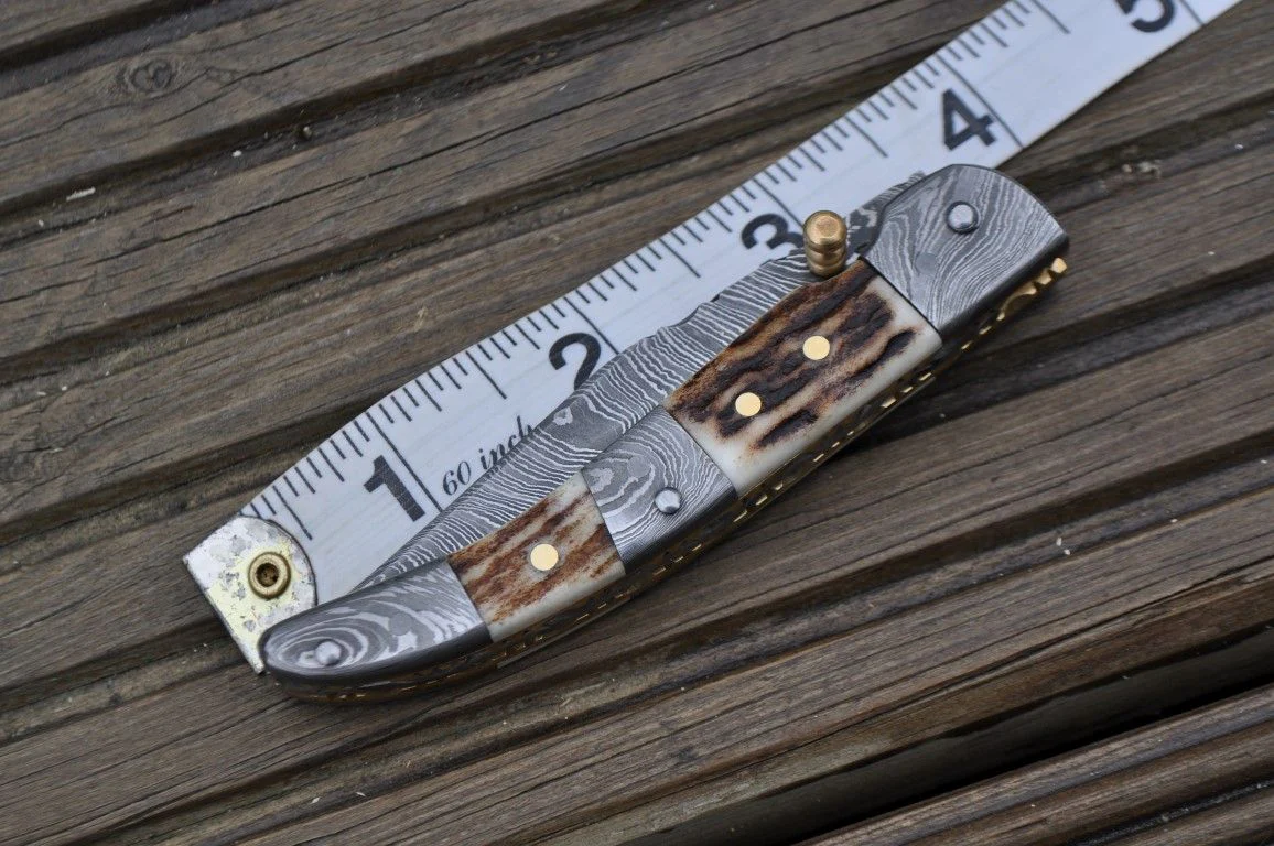 Damascus Folding Knife With Pouch & Liner Lock Mechanism