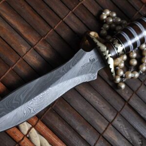 Damascus Double Edge Hunting Knife with Pear Wood & Buffalo Horn handle