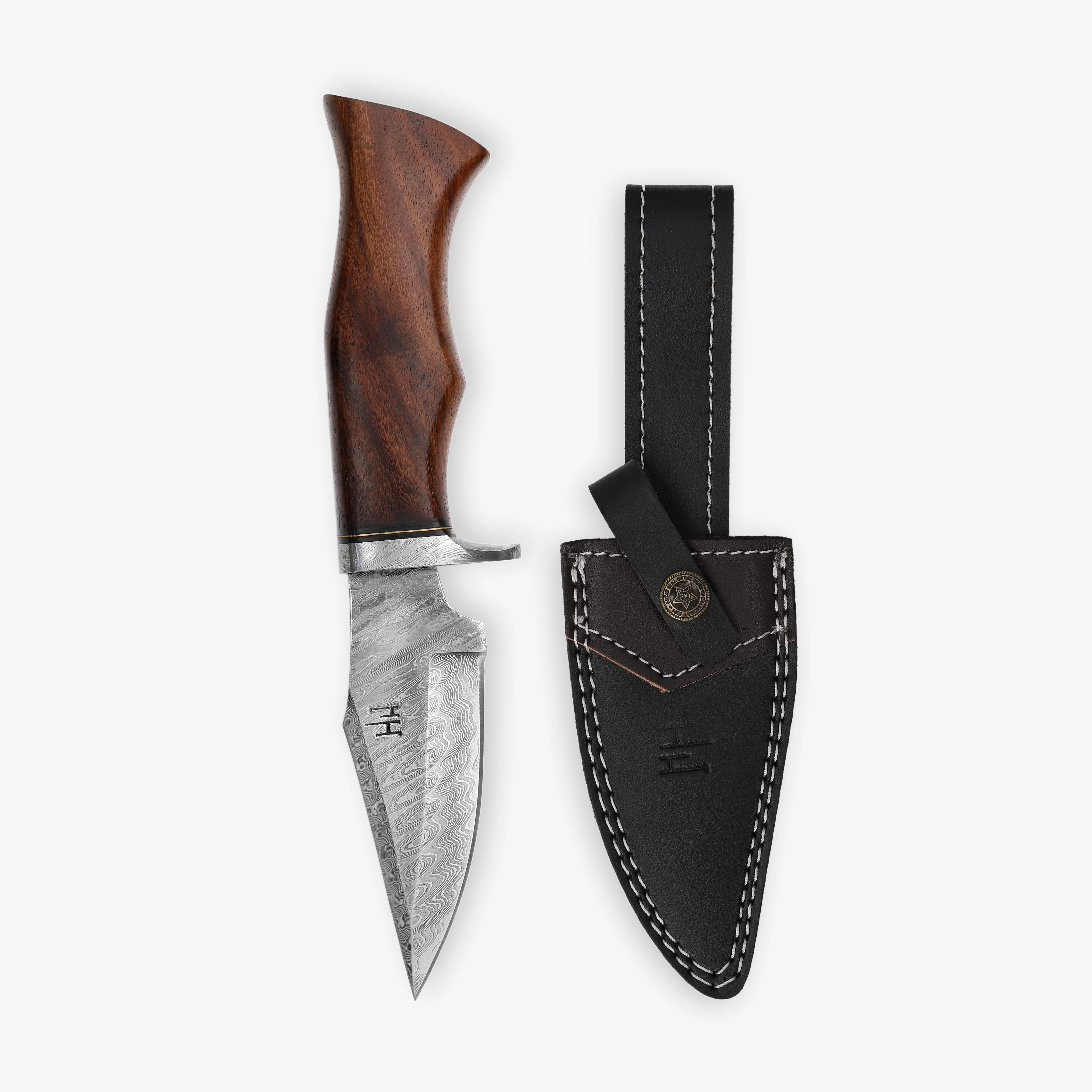 Handmade Damascus Steel Fixed Blade Hunting Knife with Leather Sheath