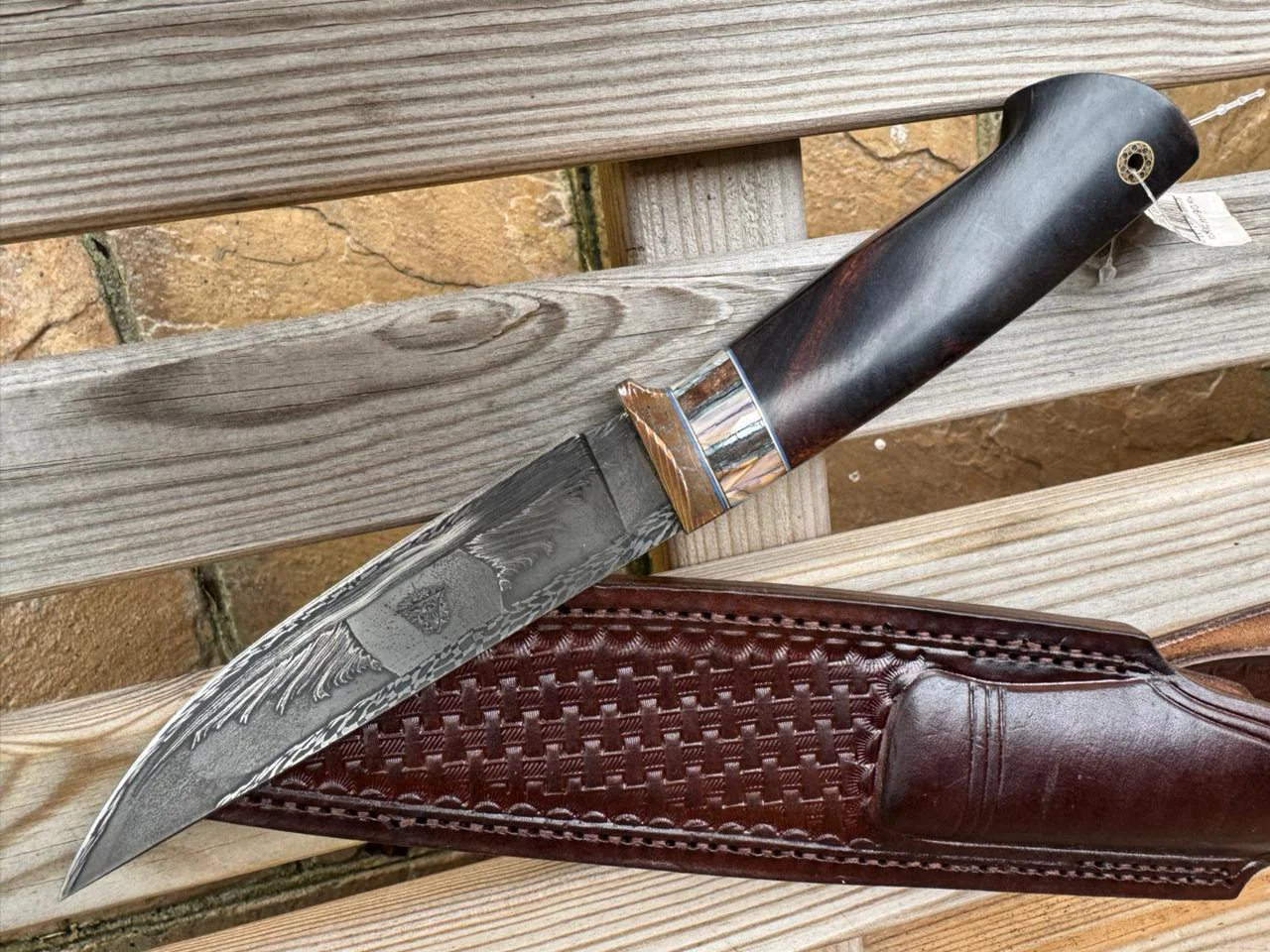 Handmade Fixed Blade Hunting Knife Mosaic Damascus Steel from Russia