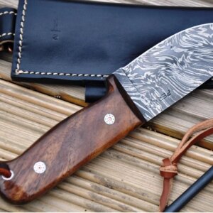 Handmade Hunting Knife with Fire Starter and Sheath Damascus Steel Blade