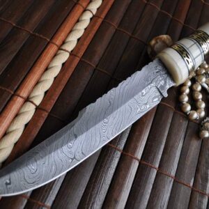 Custom Damascus Bowie Knife with Bone Handle & Sheath