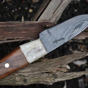 Damascus Hunting Knife with Burl Wood & Mammoth Handle - 4 Inches