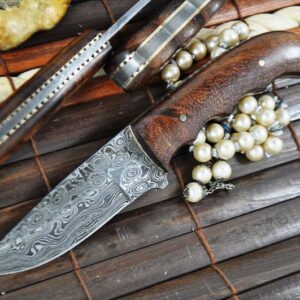 Handcrafted Damascus Steel Hunting Knife - Unique File Work In Spine