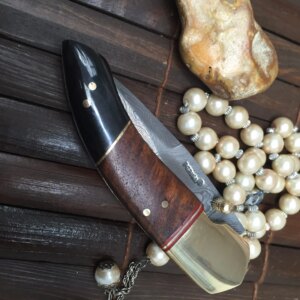 Folding hunting knife with sheath Damascus steel knife