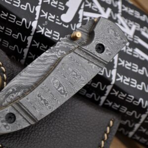 Damascus Folding Knife with handmade Leather Pouch - Work Of Art By Koobi