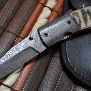 Custom Damascus Folding Knife with Sheep Horn Handle