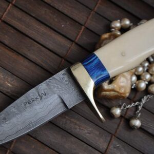 Custom Damascus Hunting Knife With Mammoth Handle & Sheath