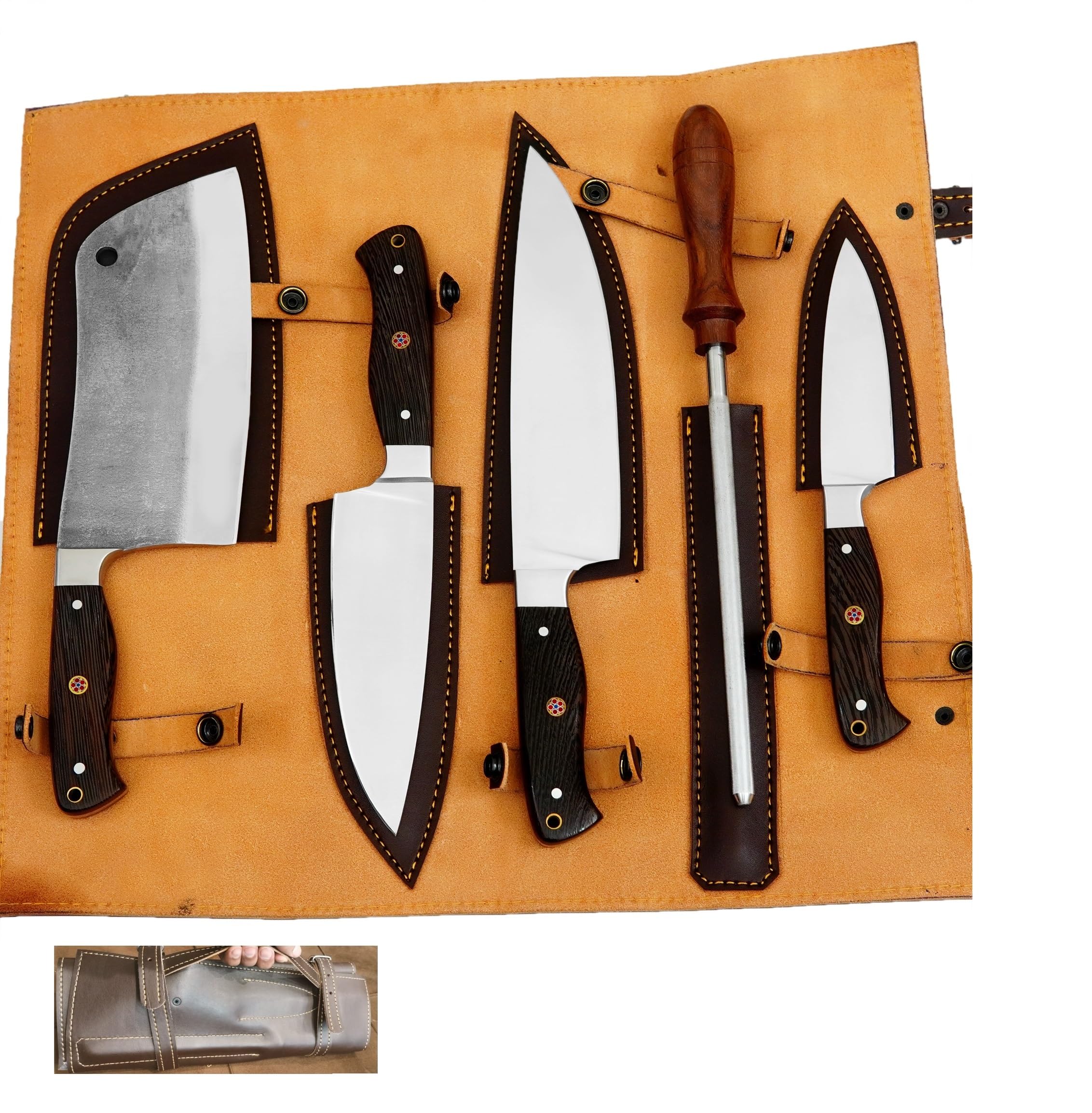 Chef Knives Butcher Knife Set for Meat Cutting Kitchen Knives Cleaver Knife and Sharpener with Roll Bag 6 PCS