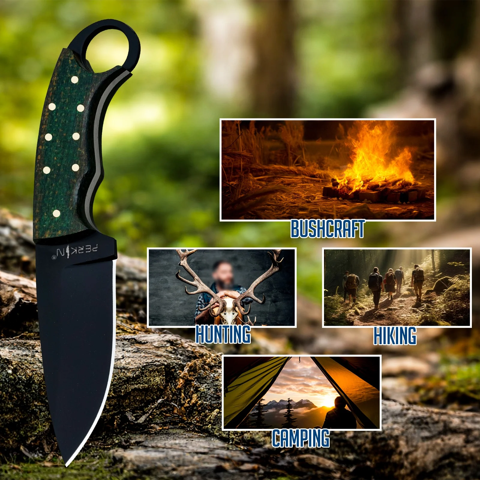 Perkin Hunting Knife With with Leather Sheath Full Tang Fixed Blade Knife Bushcraft Knife with Sheath - CMH355