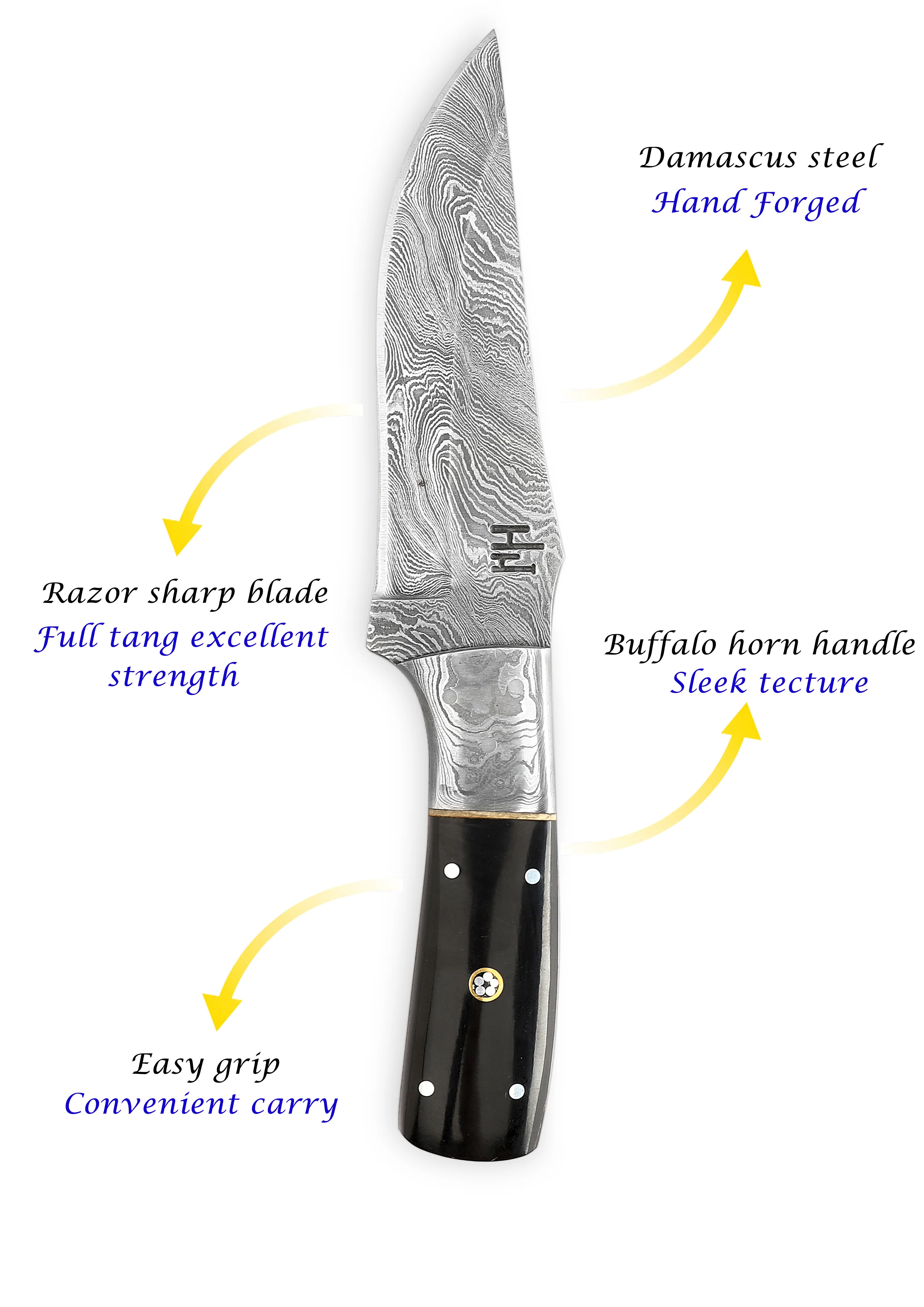 Fixed Blade Hunting Knife Damascus Steel Full Tang Buffalo Horn Handle